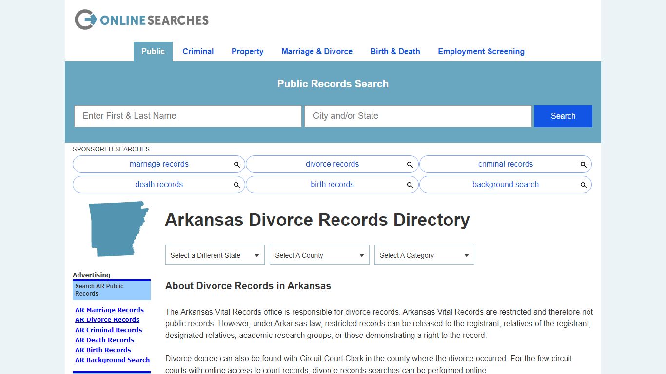 Arkansas Divorce Records Search Directory - OnlineSearches.com